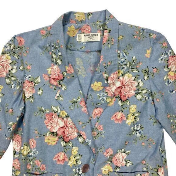 Alfred Dunner Linen Blazer Womens Sz 8 Blue Pink Floral Print 3/4 Sleeve Jacket - Picture 2 of 16